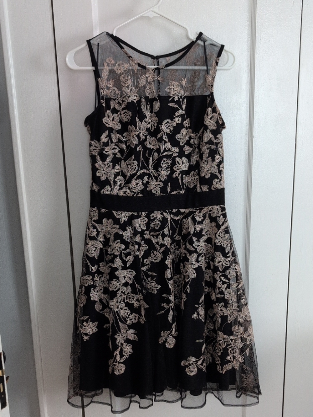 Mesh Black Dress with Rose Gold Floral Embroidery